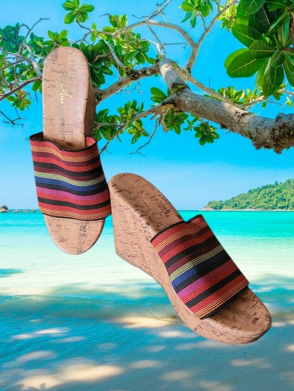 Women's Multicolor Striped Cork Wedge Slide